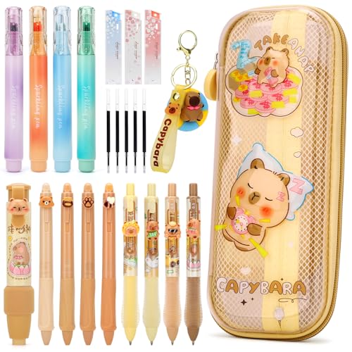 Anyfirst Capybara Mäppchen mit Schreibwaren Set, Geschenke für Mädchen & Jungen 4 5 6 7 8 9 Jahre, Kawaii Capybara Stifte mit Capybara Federmäppchen, Textmarker, Radiergummi Stift & Schlüsselanhänger von Anyfirst