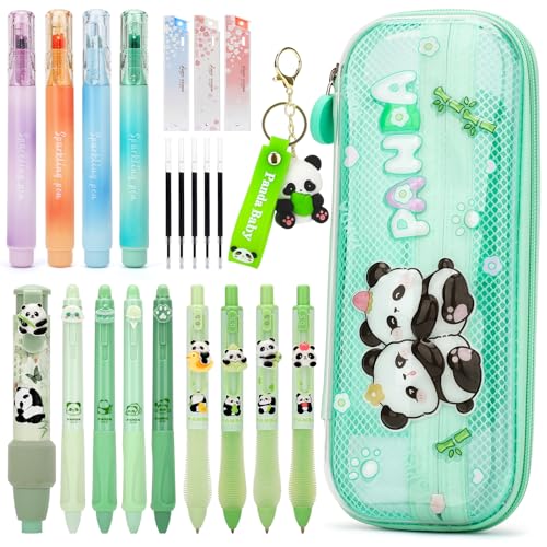 Anyfirst Federmappe Mädchen Panda mit Stifte, Geschenke für Mädchen Kinder 4 5 6 7 8 9 Jahre, Kawaii Panda Stifte & Schreibwaren Set mit Kawaii Panda Federmäppchen, Textmarker & Radiergummi Stift von Anyfirst