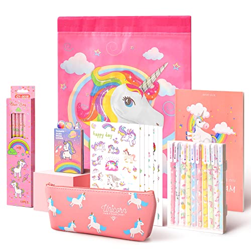 Anyfirst 37 Pz Einhorn Schreibwaren Geschenk Set, Einhorn Stifte Set Inklusive Kordel Lagerung Taschen, Sticker, Notizbuch für Mädchen 6-11 Jahren, Rosa von Anyfirst