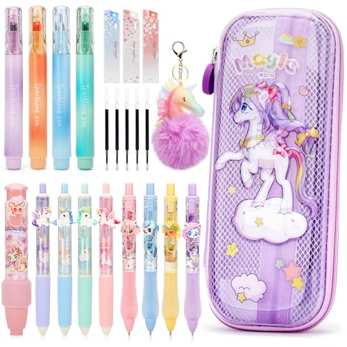Anyfirst Einhorn Federmäppchen Mädchen mit Stifte, Einhorn Geschenke für Mädchen 4 5 6 7 8 9 Jahre, Kawaii Stifte Set & Schreibwaren Set mit Mäppchen, Textmarker & Radiergummi Stift, Lila von Anyfirst