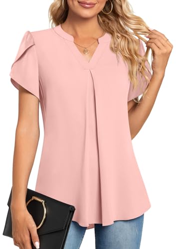 Anyhold Damen Sommer Elegant Chiffon Kerbe V Ausschnitt Ärmellose Bluse Tops Loose Fit Casual Tank Tops Büro Arbeit Shirts, kurz pink, X-Groß von Anyhold