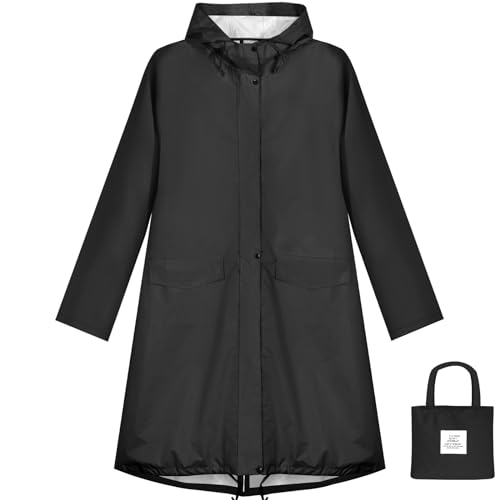 Anyoo Damen Regenjacke Regenmantel Wasserdicht mit Kapuze, Leichter Lange Regenponcho Windbreaker Regenbekleidung, Schwarz,Einheitsgröße von Anyoo