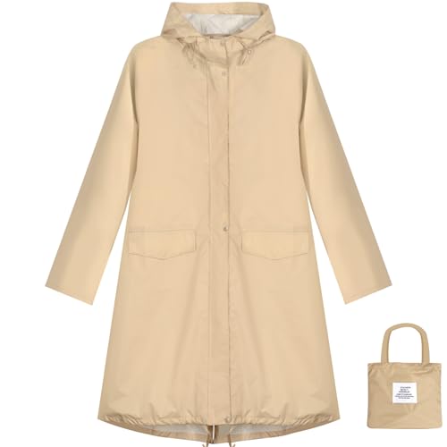 ANYOO Damen Regenjacke Regenmantel Wasserdicht mit Kapuze, Leichter Lange Regenponcho Windbreaker Regenbekleidung, Khaki, Einheitsgröße von ANYOO