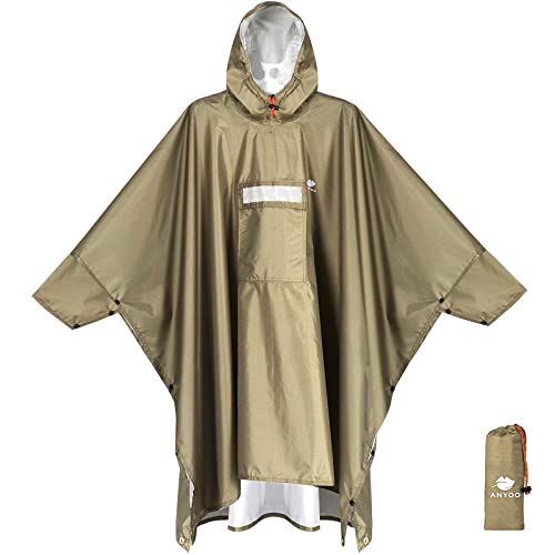 ANYOO Leichter Wasserdichter Regenponcho Regenjacken mit Ärmeln Belüftet Mehrzweck Regenmantel mit Kapuze Ideal für im Freien Camping Wandern Angeln,Khaki, Einheitsgröße von ANYOO