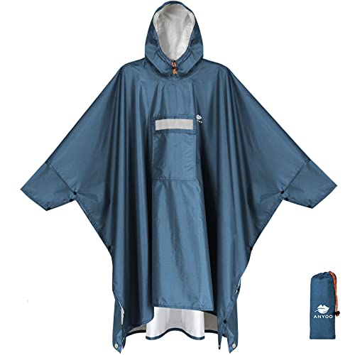 ANYOO Leichter Wasserdichter Regenponcho Regenjacken mit Ärmeln Belüftet Mehrzweck Regenmantel mit Kapuze Schutzdecke Unterschlupf Plane für im Freien Camping Wandern Angeln, Stahlblau,Einheitsgröße von ANYOO