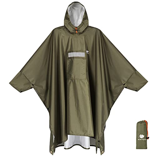 ANYOO Leichter Wasserdichter Regenponcho Regenjacken mit Ärmeln Belüftet Mehrzweck Regenmantel mit Kapuze Faltbare Schutzdecke Unterschlupf Plane Ideal für im Freien Camping Wandern Angeln, Olivgrün von ANYOO