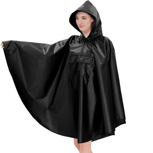 Anyoo Regenponcho Wasserdichter EVA Kapuzen Regenjacke für Damen Herren, Leichte Bequeme Regenmantel mit Tasche für Outdoor Wandern Camping, Schnell Trocknend, Schwarz, Einheitsgröße von Anyoo