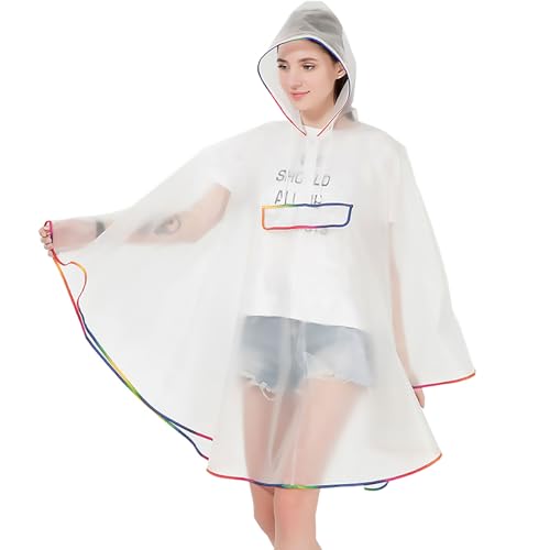 Anyoo Regenponcho Wasserdichter EVA Kapuzen Regenjacke für Damen Herren, Leichte Bequeme Regenmantel mit Tasche für Outdoor Wandern Camping, Schnell Trocknend, Weiß, Einheitsgröße von Anyoo