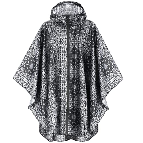 ANYOO Wasserdicht Radfahren Regen Poncho Portable Leichte Regenjacke Mit Kapuze Fahrrad Compact Regen Cape Wiederverwendbare Unisex für Backpacking Camping Outdoors,Schwarze Blume,Einheitsgröße von ANYOO