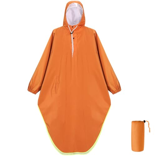 Anyoo Wasserdichter Regenponcho Regenjacke mit Kapuze für Damen und Herren, Leichter und Winddichter Regenmantel mit Ärmeln für Outdoor Wandern, Radfahren, Orange, Einheitsgröße, 1 Tasche von Anyoo