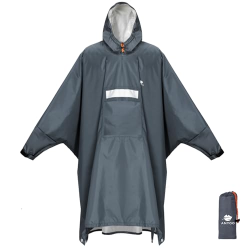 Anyoo Wasserdichter Regenponcho Winddichter Regenmantel mit Seitlichem Reißverschluss, Leichter Regenjacke mit Verstellbaren Ärmeln für Outdoor Wandern Radfahren, Einheitsgröße, Grau von Anyoo