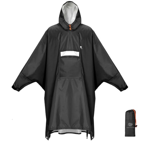 ANYOO Wasserdichter Regenponcho Winddichter Regenmantel mit Seitlichem Reißverschluss, Leichter Regenjacke mit Verstellbaren Ärmeln für Outdoor Wandern Radfahren, Einheitsgröße, Schwarz von ANYOO