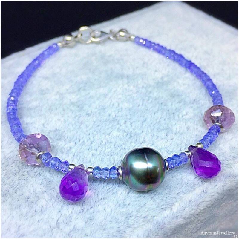 Armband Mit Tahitiperle 10 Mm, Tansanit, Amethyst Und Prasiolith Edelsteinen, 925 Sterlingsilber Verschluss von AnyramJewellery