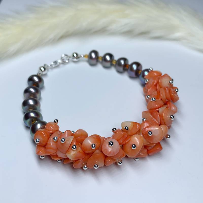 Perlen Und Korallen Armband 17 cm, 925 Silber Verschluss Perlen Und Korallen Armband 17 cm, 925 Silber Verschluss von AnyramJewellery