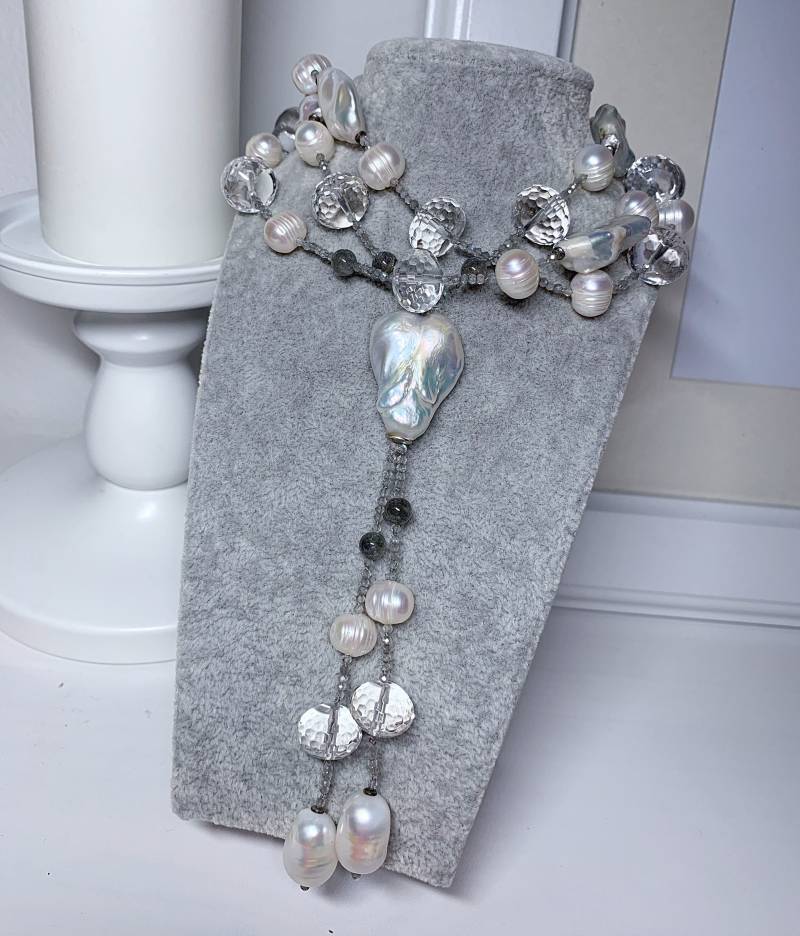 Süßwasser Zuchtperlen, Labradorit Kette 90 cm von AnyramJewellery