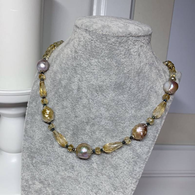 Süßwasser Zuchtperlen Und Natursteine Citrin Spinel, Kette 925 Silber Verschluss von AnyramJewellery