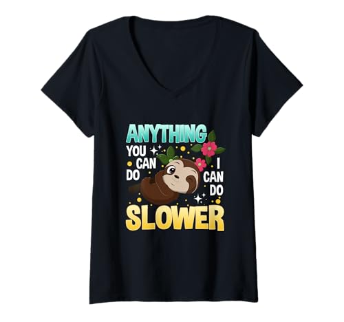 Damen Alles was du tun kannst, kann ich langsamer machen Lustiges faules Faultier T-Shirt mit V-Ausschnitt von Anything You Can Do I Can Do Slower Lazy Sloth
