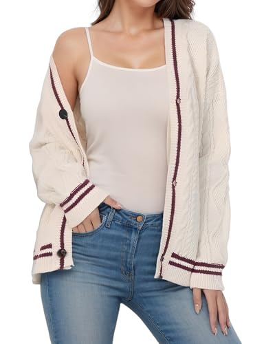 Anytree Damen Strickjacke Pullover Sterne Langarm Button Down Shirts Casual Knit Cardigans Oberbekleidung AC1, Beige Rot, Groß von Anytree