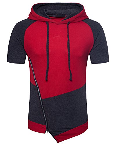 Anyu Herren Slim Fit Kurzarm Hoodies Kapuzenpullover Sweatshirts Jacke Mit Schräger Reißverschluss Rot M von Anyu