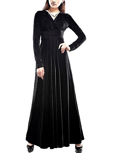 Damen V-Ausschnitt Lange Langarm Abendkleid Maxi SAMT Party Kleid Schwarz XXXL von Anyu