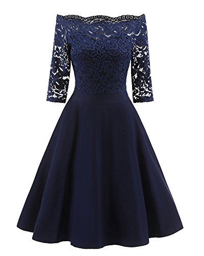 AnyuA Damen Kleid Abendkleid Schulterfreies Cocktailkleid Elegant Festlich Spitzenkleid Partykleid Marine XL von AnyuA