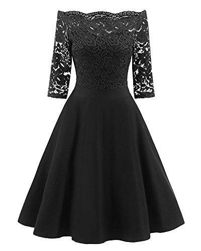 AnyuA Damen Kleid Abendkleid Schulterfreies Cocktailkleid Elegant Festlich Spitzenkleid Partykleid Schwarz 2XL von AnyuA
