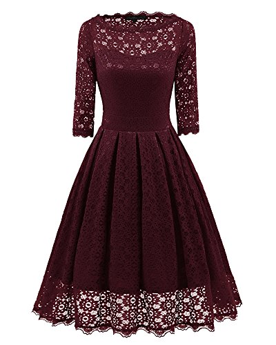 AnyuA Damen Kleid Sommerkleid Freizeitkleid Cocktailkleid Elegant Rundhals Kleider Mit Ärmeln Burgunderrot M von AnyuA