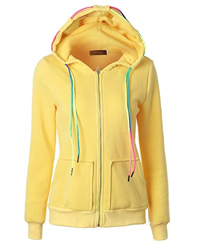 AnyuA Damen Lange Sweatjacke Kapuzenjacke Sweatshirtjacke Mit Kapuze Farbiger Kordelzug Gelb XXL von AnyuA