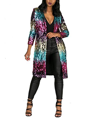 AnyuA Damen Pailletten Cardigan Party 20er Glitzer Club Mantel Lang Jacke L von AnyuA