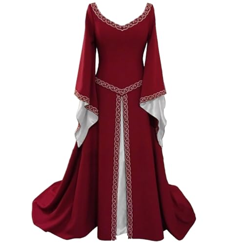 AnyuA Damen Partykleid Langarm Stickerei Mittelalterlich Kleid Bodenlang Cosplay Rot M von AnyuA