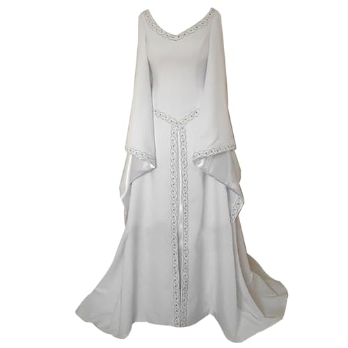 AnyuA Damen Partykleid Langarm Stickerei Mittelalterlich Kleid Bodenlang Cosplay Weiß 5XL von AnyuA