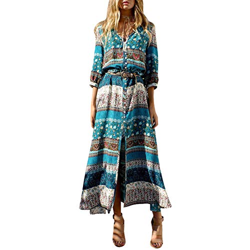AnyuA Damen Sommerkleid Strandkleid Schulterfrei Böhmen Blumenmuster Maxi Freizeitkleid Blauer See 5XL von AnyuA