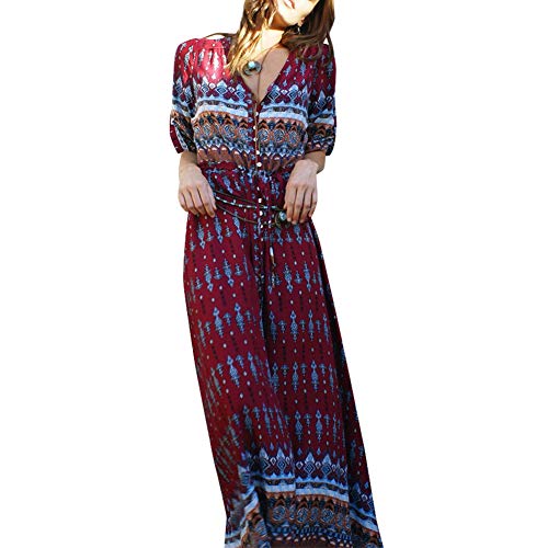 AnyuA Damen Sommerkleid Strandkleid Schulterfrei Böhmen Blumenmuster Maxi Freizeitkleid Burgunderrot 5XL von AnyuA
