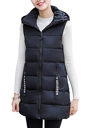 AnyuA Damen Winter Gilet Gepolsterte Gesteppte Weste Körperwärmer Reißverschluss Ärmellose Jacke Mantel Mit Kapuze Schwarz XL von AnyuA