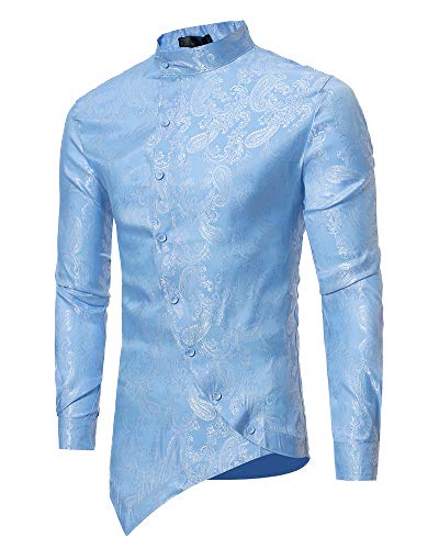 AnyuA Herren Hemden Slim Fit Langarm Asymmetrisch Knopf Stehkragen Business Freizeithemd Hellblau L von AnyuA