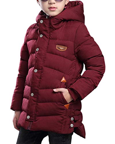 AnyuA Jungen Einfarbig Winterjacke Mantel Jacke Tasche Warm Reißvers Knopf Wintermantel Oberbekleidung Mit Kapuze Burgunderrot 130 von AnyuA