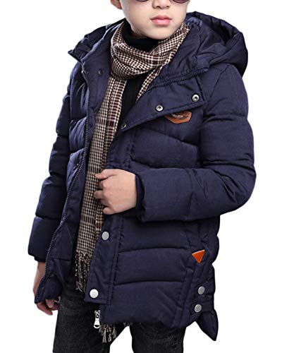 AnyuA Jungen Einfarbig Winterjacke Mantel Jacke Tasche Warm Reißvers Knopf Wintermantel Oberbekleidung Mit Kapuze Marineblau 150 von AnyuA