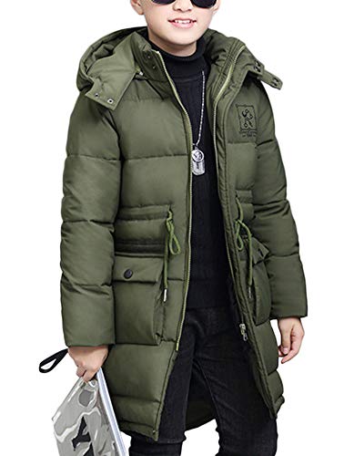 AnyuA Jungen Einfarbig Wintermantel Lange Ärmel Parka Jacke Mantel Tasche Oberbekleidung Winterjacke Kapuzenjacke Armee-Grün 120 von AnyuA