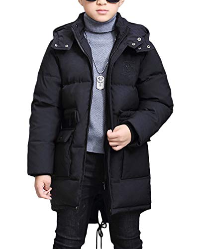 AnyuA Jungen Einfarbig Wintermantel Lange Ärmel Parka Jacke Mantel Tasche Oberbekleidung Winterjacke Kapuzenjacke Schwarz 130 von AnyuA