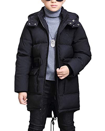 AnyuA Jungen Einfarbig Wintermantel Lange Ärmel Parka Jacke Mantel Tasche Oberbekleidung Winterjacke Kapuzenjacke Schwarz 170 von AnyuA