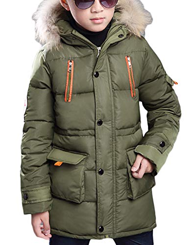 Jungen Einfarbig Jacke Mantel Warm Parka Tasche Winterjacke Mit Kunstfell Kapuzen Oberbekleidung Armee-Grün 160 von AnyuA