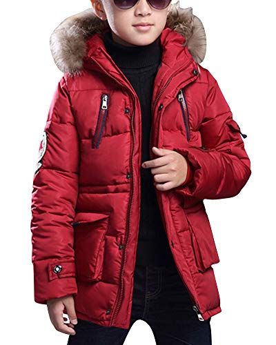 Jungen Einfarbig Jacke Mantel Warm Parka Tasche Winterjacke Mit Kunstfell Kapuzen Oberbekleidung Rot 130 von AnyuA