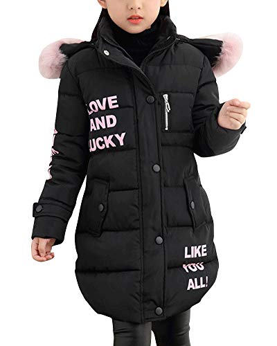 Mädchen Lange Ärmel Winterjacke Verdickte Mantel Reißvers Knopf Parka Warm Outerwear Mit Falsch Fellkapuze Schwarz 160 von AnyuA