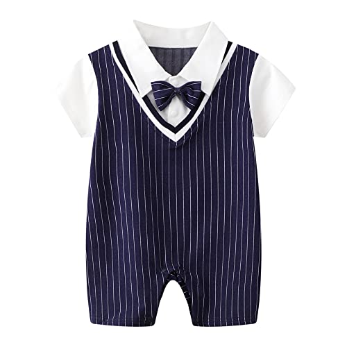 Neugeborenes Baby Jungen Gentleman Strampler Bodys Einteiler Formale Fliege Kragen Kurzarm Polo Anzug Kurz Overall Bodysuit 0-12M (Check Blue, 3-6M) von Anywow