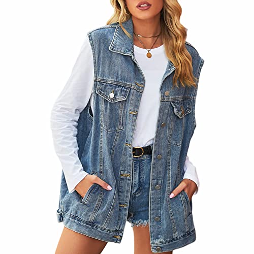 Anzber Damen Denim Weste Ärmellos Knopf Jeansjacke, Blau, XXL von Anzber