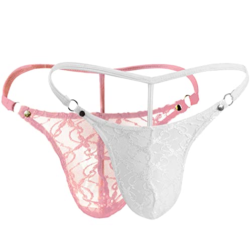 Anzhee 2er Pack String Spitze für Herren sexy Tanga Unterwäsche Männer Thong C G-String Unterhosen Rosa+Weiß von Anzhee