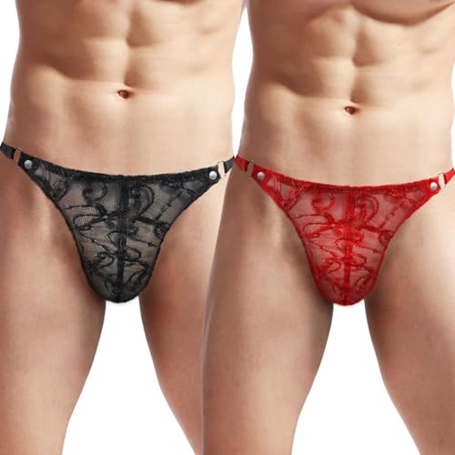 Anzhee 2er Pack String Spitze für Herren sexy Tanga Unterwäsche Männer Thong G-String Unterhosen Schwarz+Rot von Anzhee