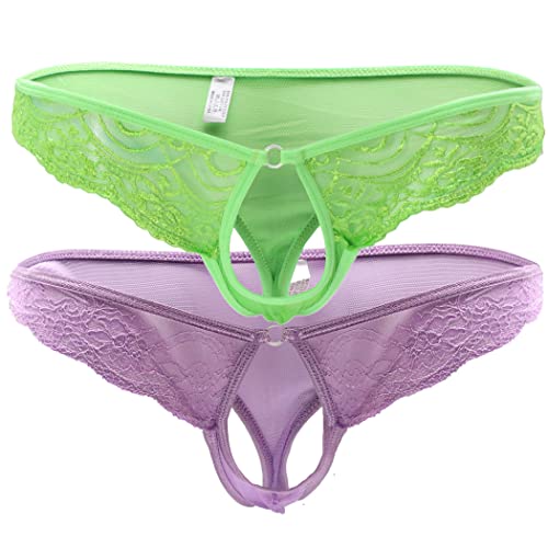 Anzhee Herren Sexy String Thong für Männer Unterwäsche Vorne Offen Spitze Slips G-String Mankini Tanga Unterhosen 2er Pack Grün+Violett von Anzhee