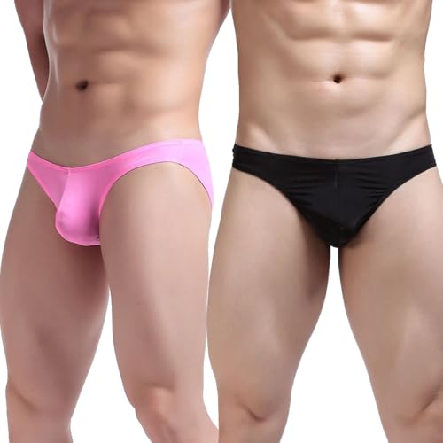 Anzhee Herren Slip String Tanga Sexy Glatte Eisseide Unterwäsche Thong Männer G-String Seide Unterhosen 2 Stücke Schwarz + Rosa von Anzhee