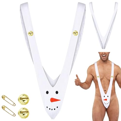 Herren String Weihnachten Unterwäsche Schneemann Mankini Borat Tanga Lustiger Schwimmen G-Strings Thongs für Herren Badeanzug Unterhose Einheitsgröße Weiß mit 2pcs Kleine Glocke von Anzhee
